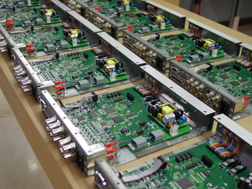 Current image: Assembly line of electronic circuit boards in a factory.